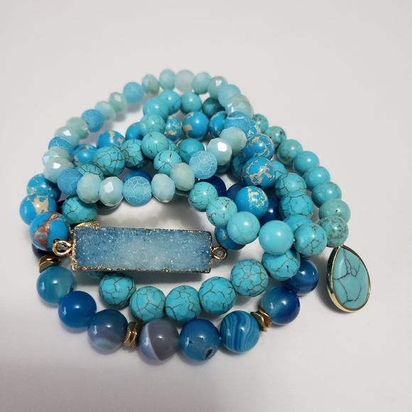 Bohemian Blue Ocean Women's bracelet 5pcs Natural Stone Glass Handmade Beaded - Picture 4 of 15